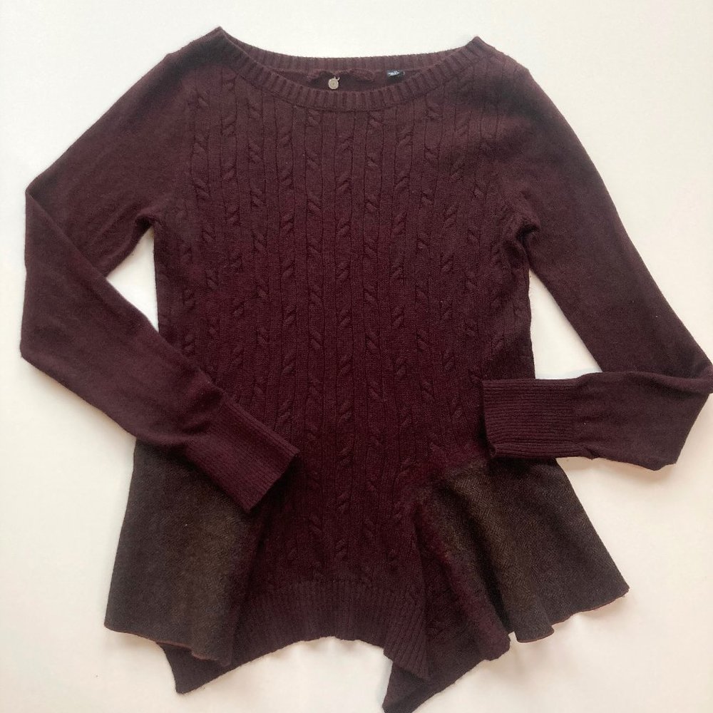 ANTHROPOLOGIE Audrey Cable Peplum Sweater XS Burgundy by Knitted & Knotted